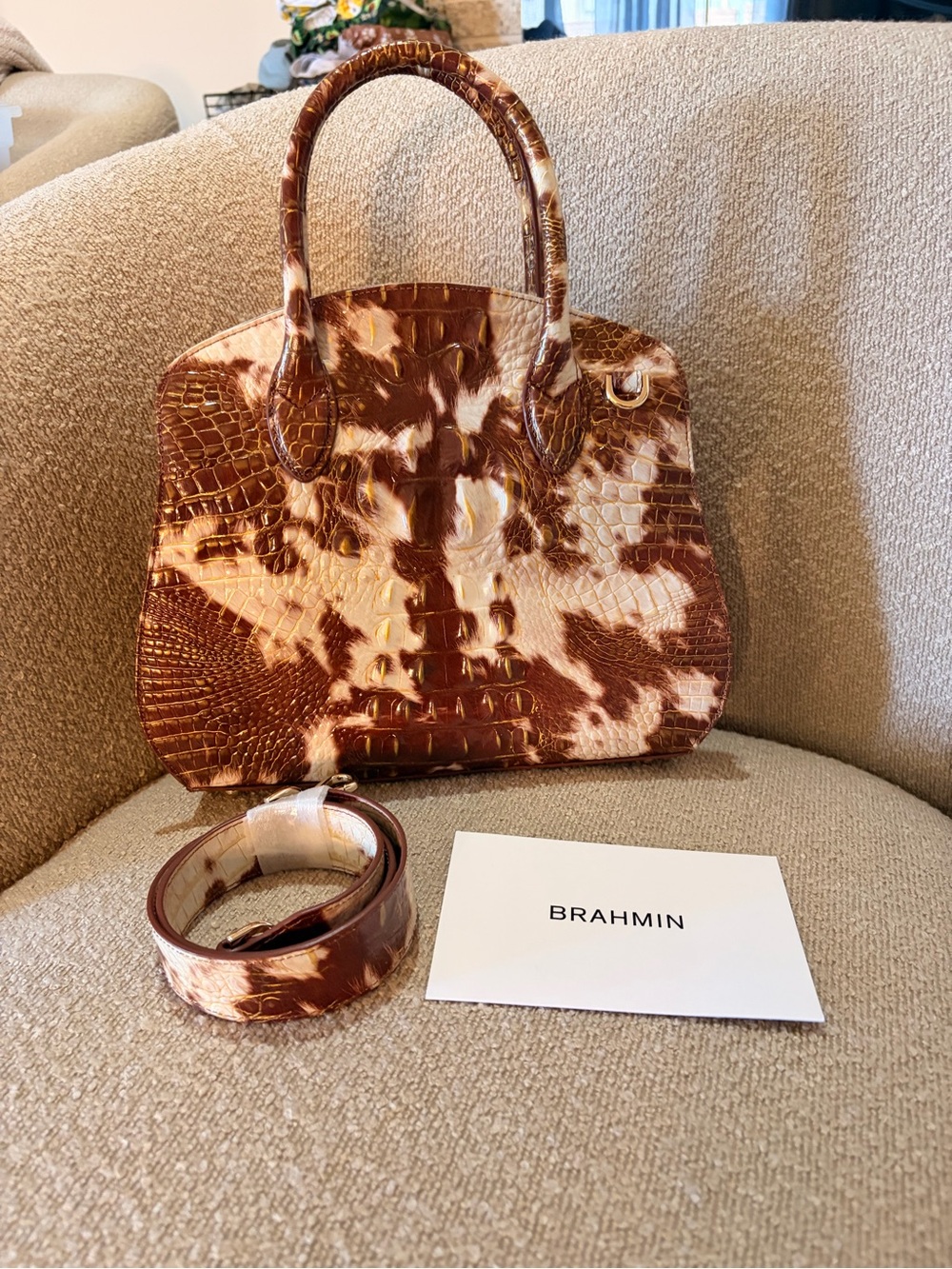 Brahmin Brown and Cream Croc-Embossed Satchel with Detachable Strap